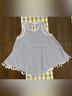 Ces Femme Blue & White Striped Tank Top with Tassel Trim